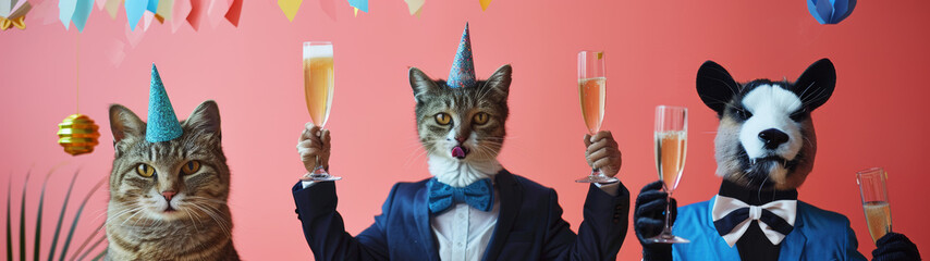 Three cats dressed in suits and party hats cheerfully toast with champagne glasses against a pink background - obrazy, fototapety, plakaty