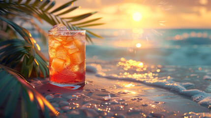 A refreshing cocktail resting on the sandy beach, with palm trees swaying in the breeze and the ocean waves gently lapping at the shore - obrazy, fototapety, plakaty