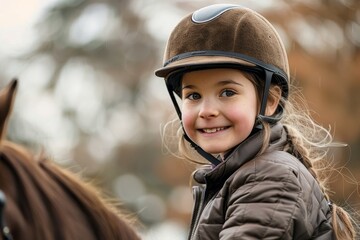 Happy girl kid at equitation lesson looking at camera while riding a horse, wearing horseriding helmet, Generative AI
