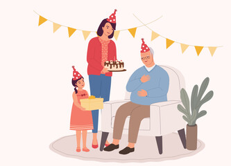 Smiling Grandpa Celebrating His Birthday With His Daughter And Little Granddaughter. Full Length.