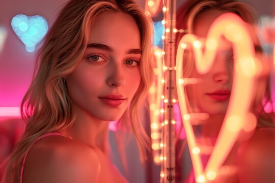 Love yourself concept image with beautiful blonde woman looking herself in the mirror and glowing sign love yourself message, Generative AI