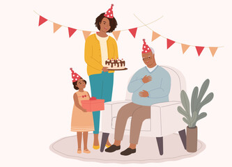 Smiling Black Grandpa Celebrating His Birthday With His Daughter And Little Granddaughter. Full Length.