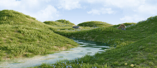 Fototapeta na wymiar A calm river surrounded by lush greenery and wild flowers. 3D rendering.