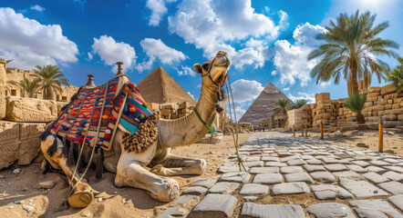 A camel is resting on the ground near ancient Egyptian pyramids, with a blue sky and white clouds, green palm trees, and stone steps leading to temples in the landscape of Egypt
