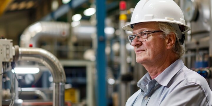 A man wearing a hard hat and safety glasses is standing in front of a pipe
