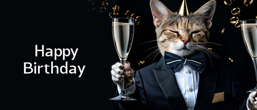 A charming image of a tabby cat in a party hat and tuxedo, smiling with champagne glasses for a birthday