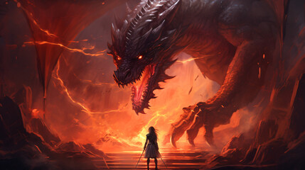 Fantasy scene showing the girl fighting the fire drago