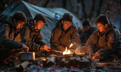 Group of boys scouts on an adventurous camping trip, learning essential outdoor skills, like setting up camp, cooking over an open fire, Generative AI - obrazy, fototapety, plakaty