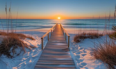 Long boardwalk leading to the white sand beach and ocean water at sunset with few shrubs on sides, Generative AI