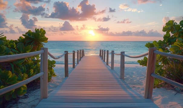 Long boardwalk leading to the white sand beach and ocean water at sunset with few shrubs on sides, Generative AI