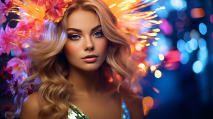 Obraz na płótnie Canvas Fashion model woman in colorful bright golden sparkles