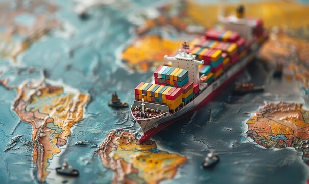Container ship model on world map , transcontinental transportation or globalization concept image with copy space, Generative AI