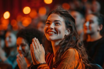 Woman in a audience in a theater applauding clapping hands. cheering and sitting together and having fun, Generative AI