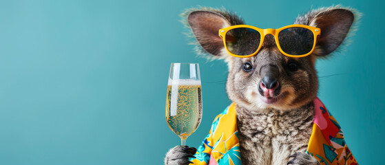 A stylish koala dressed in a Hawaiian shirt and sunglasses, toasting with a glass of sparkling champagne - obrazy, fototapety, plakaty