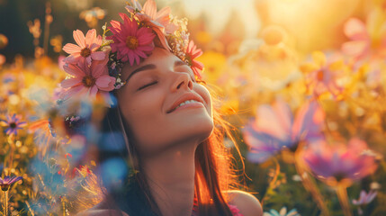 female model wearing a flower crown, surrounded by a field of wildflowers