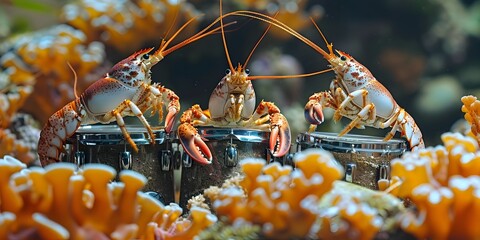 Vibrant Rock Lobster Band Performing on Colorful Coral Stage Underwater