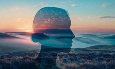 Outline of a human head containing a serene landscape background, symbolizing the concept of inner peace and mental tranquility with copy space, Generative AI - obrazy, fototapety, plakaty