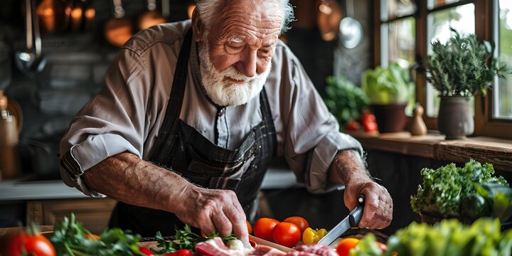 Elderly Cook Tries Using Digital Tablet as Cutting Board While Preparing Fresh Vegetables in Cozy Kitchen