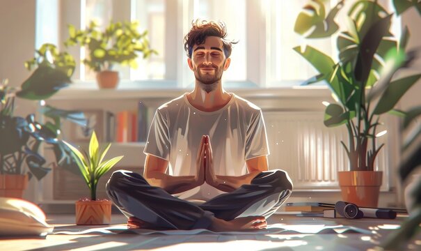 Portrait of a Happy Man Practicing Relaxation Exercises at Home in His Spacious and Bright Flat, Generative AI