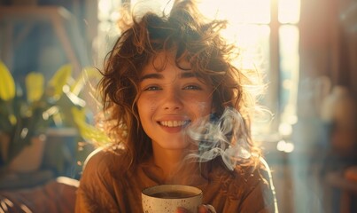 Happy smiling woman with messy curly hair drinking a smoking cup of coffee in the morning light, Generative AI - obrazy, fototapety, plakaty