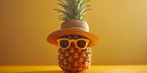 Pineapple Wearing Straw Hat and Sunglasses,Playful Tropical Fruit Character in Surreal