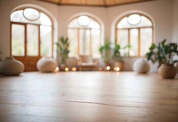 Fototapeta na wymiar Blurred image of a serene yoga studio, generative AI