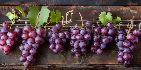 Clusters of Grapes Forming a Vibrant Jazz Band on Rustic Wooden Background