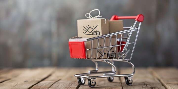 A shopping cart is filled with boxes and has a logo on it that says "THK"