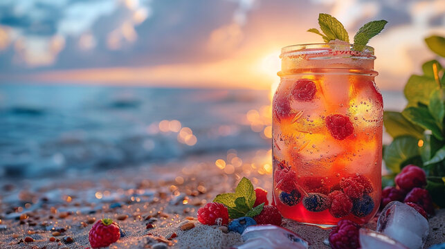 A refreshing cocktail served in a mason jar, garnished with mint leaves and berries, placed on a beachside bar with a panoramic view of the sea.