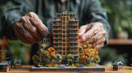 An apartment building miniature is held by a businessperson