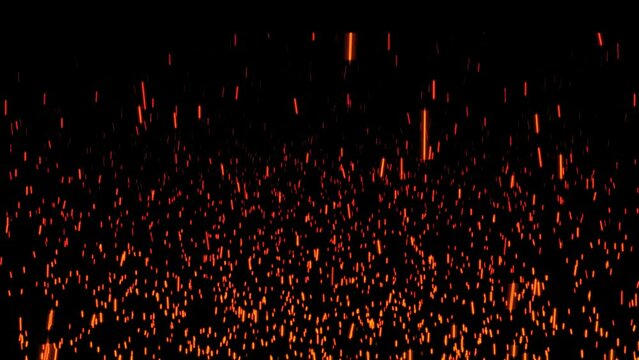 Closeup of burning hot bonfire fire sparks. Fire Particles over black background animation of fiery orange glowing flying ember burning ash particles