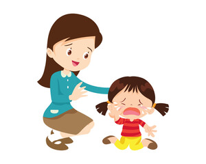 Comforting sad children with parent or teacher