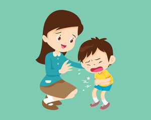 Comforting sad children with parent or teacher