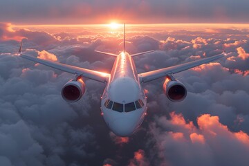 Airplane Flying Above Clouds at Sunset