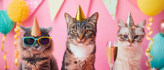 Three different cat breeds looking celebratory in party hats against a pink backdrop with balloons