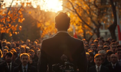 Man politician doing a speech outdoor in front of a crowd of members of a political party, Generative AI