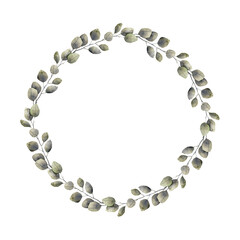 Watercolor round botanical wreath made from natural eucalyptus leaves. Isolated hand drawn illustration for cards, stickers, textiles, design, invitations, logos, decoration
