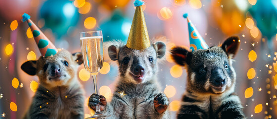 Three joyful koalas in festive party hats raising toasts with champagne glasses amid colorful bokeh lights