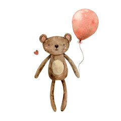 Watercolor composition with a children's toy brown bear and round red balloons. Isolated hand drawn illustration for children's interior, cards, stickers, textiles, design, invitations