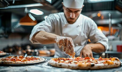 Pizza chef finishing the preparation of a tasty pizza in professional pizzeria restaurant kitchen, Generative AI - obrazy, fototapety, plakaty