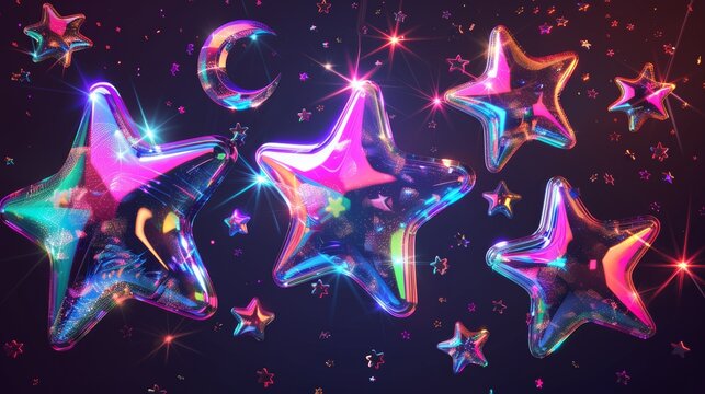 Isolated 3d holographic stars in y2k futuristic style with falling and flying stars, blings, moon and sparks. Modeled in 3d modern software.