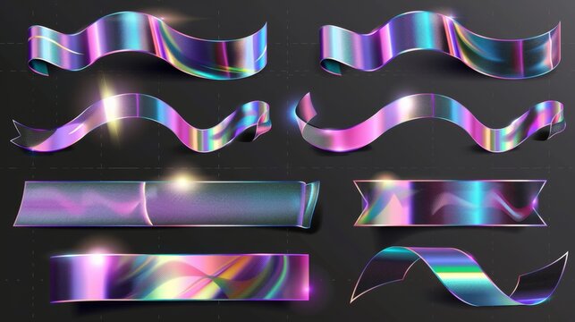 An illustration set depicting holographic foil strips as well as flaring metallic duct tapes on transparent backgrounds. Metallic 3D elements.