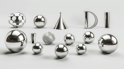 Spheres, torus, tubes, cones, and other geometric shapes rendered in silver metallic colors for trendy designs.