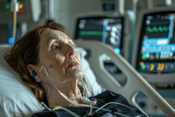 middle aged woman lies in a hospital ward, connected to life support equipment, monitors, Generative AI
