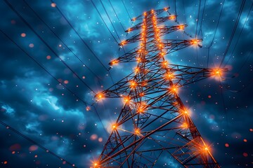 High Voltage Power Line Illuminated by Many Lights - obrazy, fototapety, plakaty