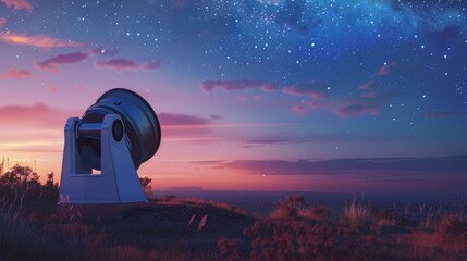 Futuristic telescope at twilight, pointing at stars, merging science with nature. Twilight sky and...