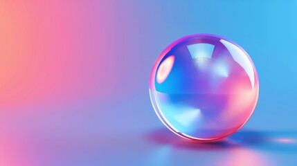 Bright glowing gradient sphere on blue background. Modern illustration of holographic gradient.