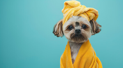 An adorable dog with a towel wrapped around its head poses elegantly against a solid teal colored...
