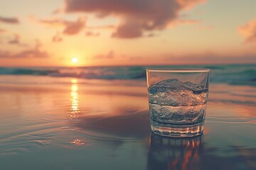 Fototapeta na wymiar glass of water on the beach