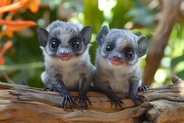 Two Small Gray and White Animals Sitting on Top of a Tree Branch - obrazy, fototapety, plakaty